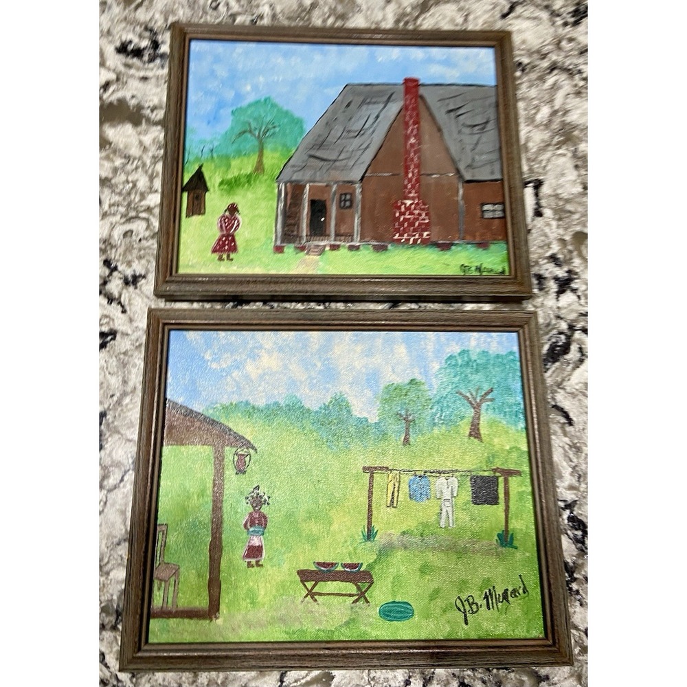 2 VtG Framed Louisiana Folk Art Paintings Rural Black Family JB Menard 9x10.5"